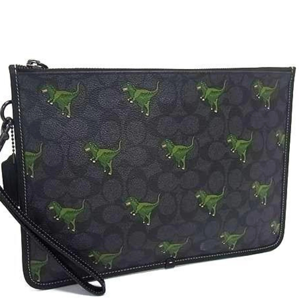 COACH Large Signature Canvas Rexy Pouch CF063 Bag Charcoal Black Multi Leathe...